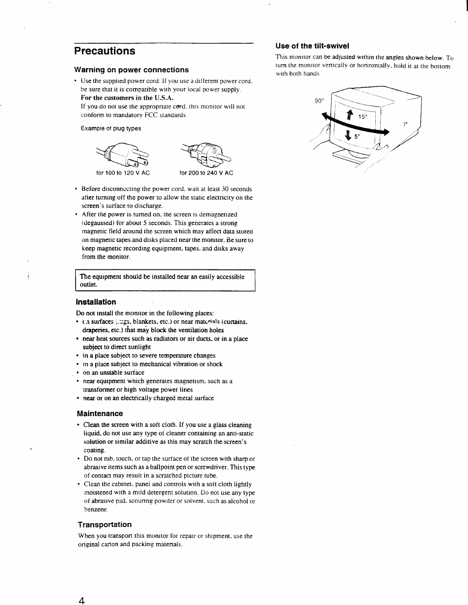 Precautions, Warning on power connections, Installation | Maintenance, Transportation | Sony CPD-110GS User Manual | Page 4 / 18