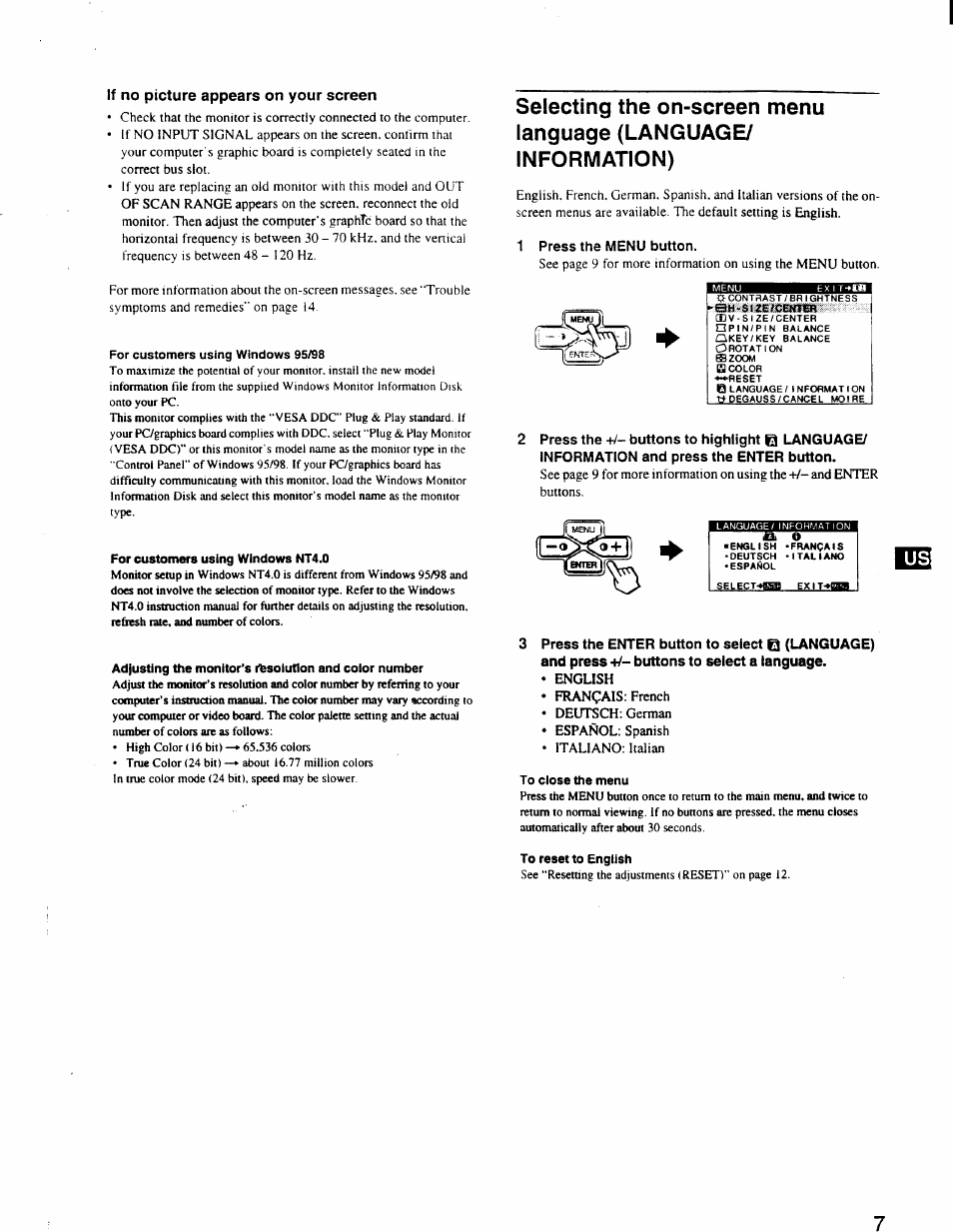 If no picture appears on your screen, 1 press the menu button | Sony CPD-110GS User Manual | Page 7 / 18