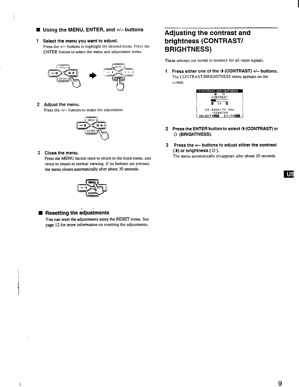 1 select the menu you want to adjust, 2 adjust the menu, Close the menu | 1 press either one of the 3 (contrast) +/- buttons | Sony CPD-110GS User Manual | Page 9 / 18