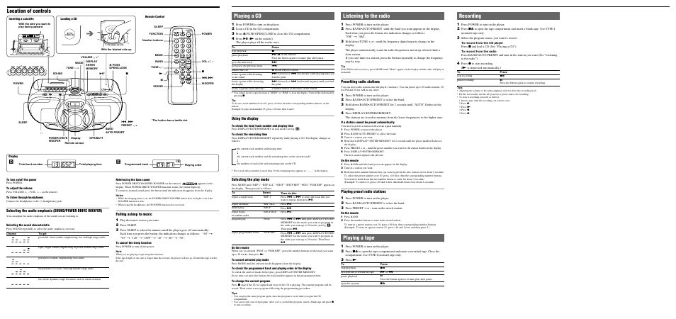 Listening to the radio, Playing a tape, Location of controls | Recording, Playing a cd, Presetting radio stations, Playing preset radio stations 1, Falling asleep to music 1, Using the display, Selecting the play mode | Sony CFD-G35 User Manual | Page 2 / 2