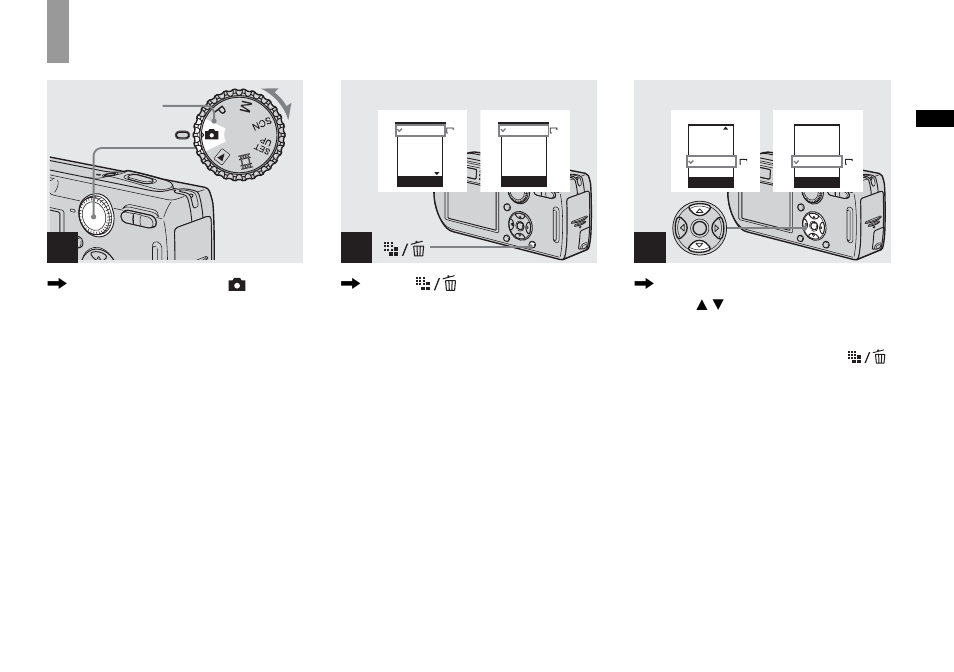 Setting the still image size, Set the mode dial to , and turn on the power, Press (image size) | Sony DSC-P150 User Manual | Page 19 / 128