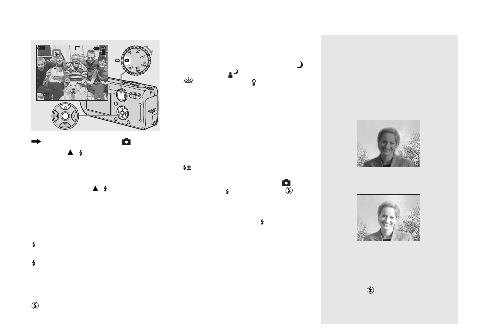 Selecting a flash mode, Shooting images against a light source | Sony DSC-P150 User Manual | Page 28 / 128