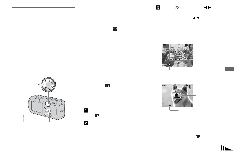 Advanced still image shooting, Choosing an auto focus method, Choosing a focus range finder frame | Af range finder | Sony DSC-P150 User Manual | Page 47 / 128