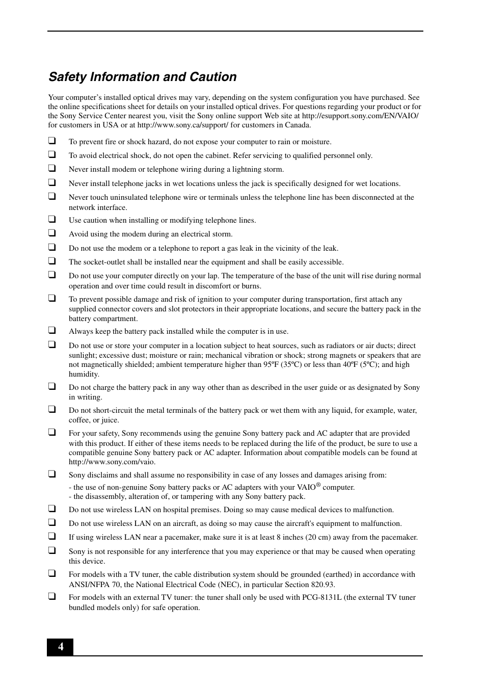 Safety information and caution | Sony VGN-AW190Y User Manual | Page 4 / 28