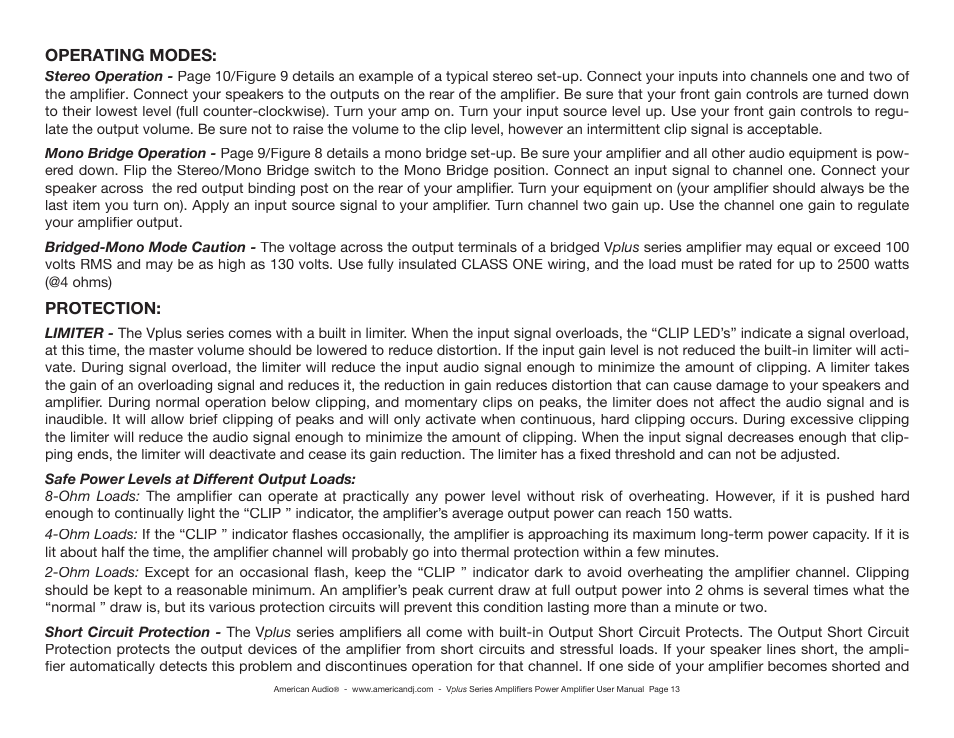 Operating modes, Protection | American Audio Professional Power Amplifier User Manual | Page 13 / 16