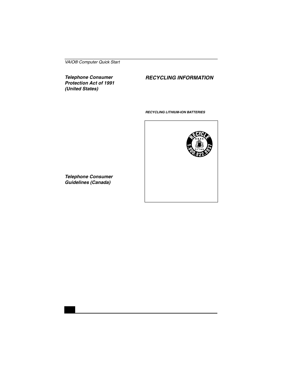 Recycling information, Telephone consumer guidelines (canada) | Sony VGN-S150 User Manual | Page 10 / 44