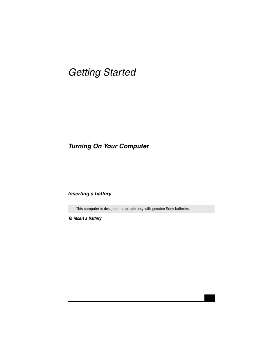 Getting started, Turning on your computer | Sony VGN-S150 User Manual | Page 23 / 44