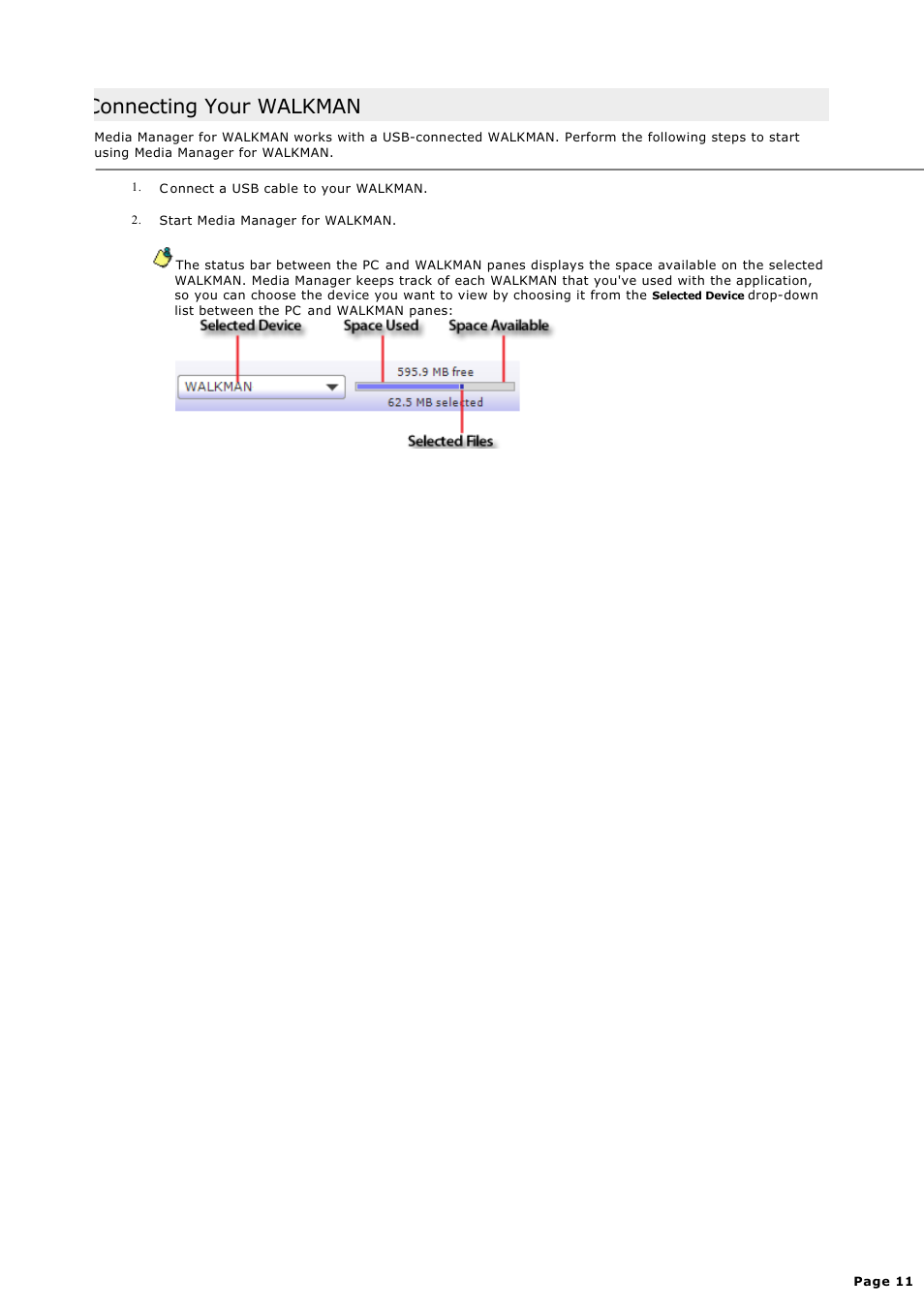 Connecting your walkman | Sony NWZ-S615FSLV User Manual | Page 11 / 58