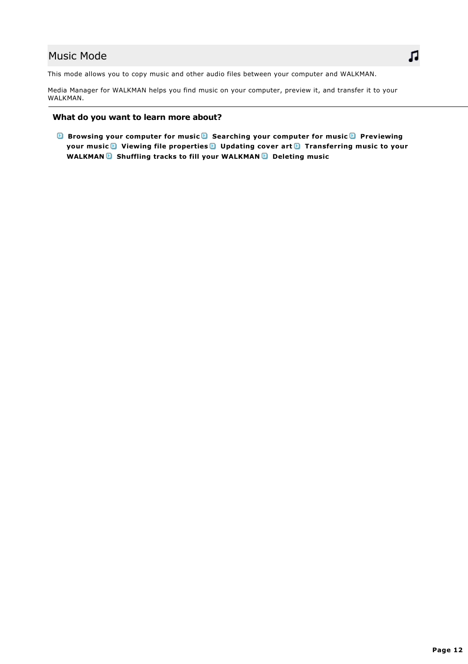 Music mode, Overview | Sony NWZ-S615FSLV User Manual | Page 12 / 58