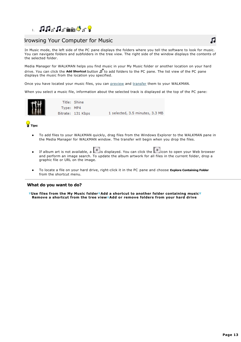 Browsing your computer for music | Sony NWZ-S615FSLV User Manual | Page 13 / 58