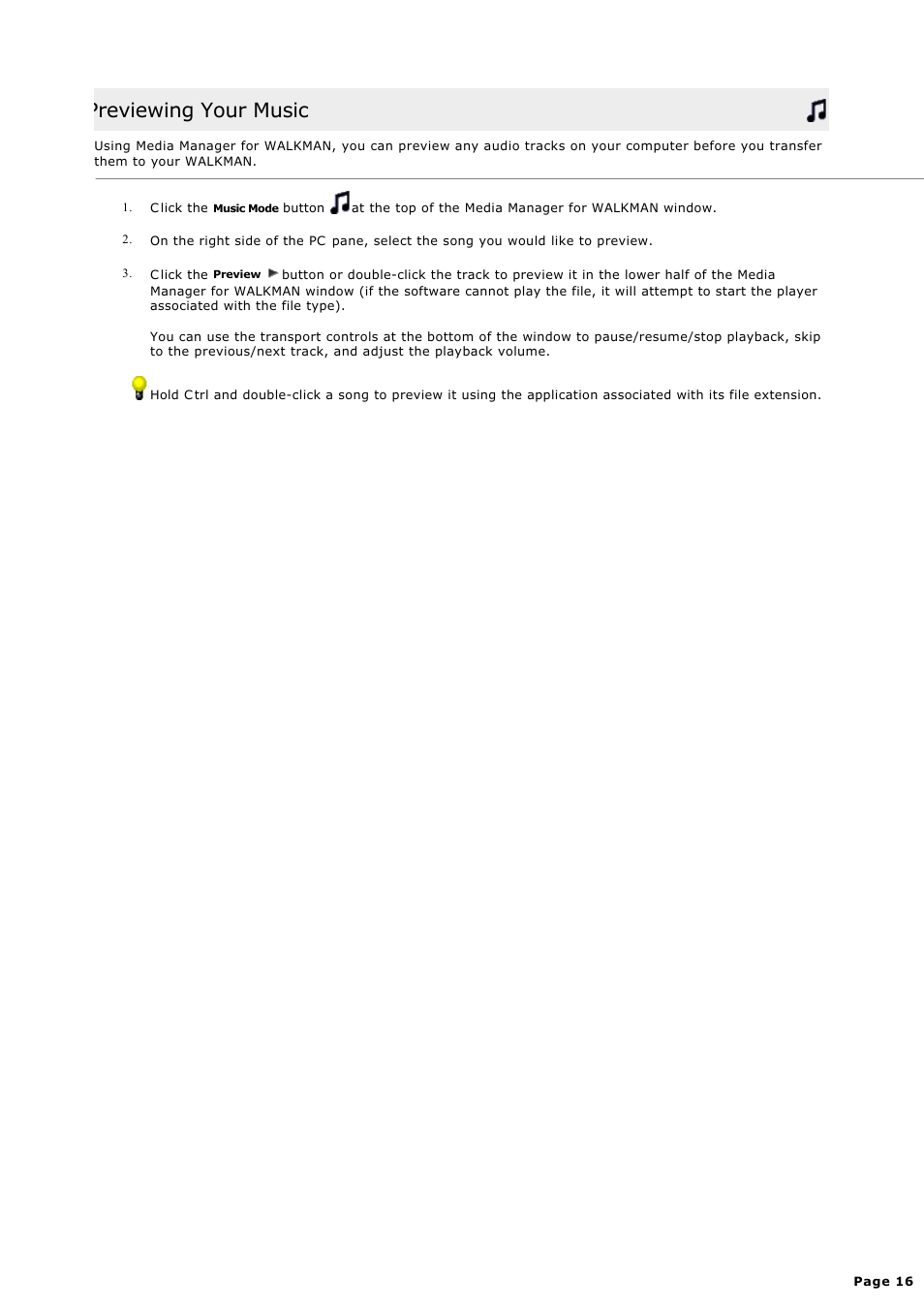 Previewing your music | Sony NWZ-S615FSLV User Manual | Page 16 / 58