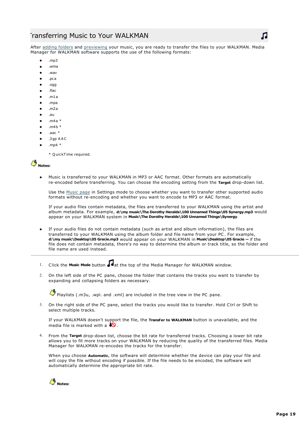 Transferring music to your walkman | Sony NWZ-S615FSLV User Manual | Page 19 / 58