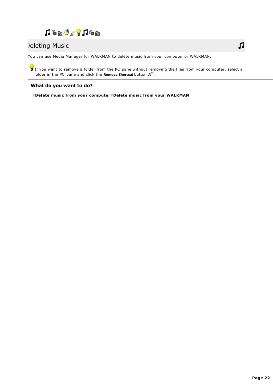 Deleting music | Sony NWZ-S615FSLV User Manual | Page 22 / 58