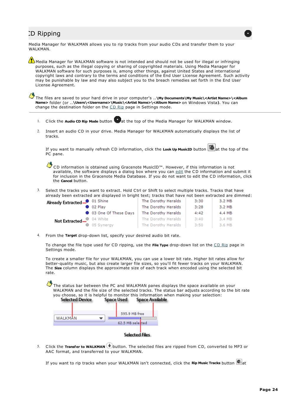 Cd ripping | Sony NWZ-S615FSLV User Manual | Page 24 / 58