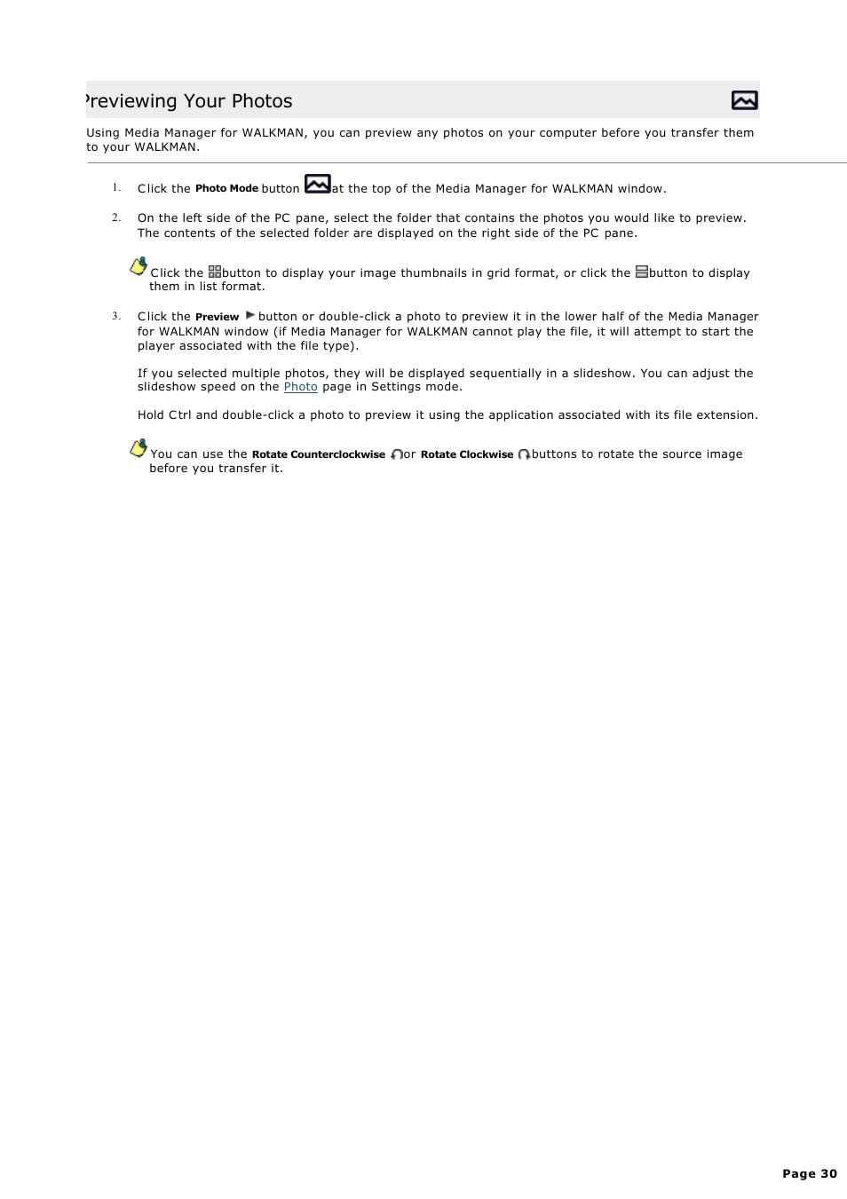 Previewing your photos | Sony NWZ-S615FSLV User Manual | Page 30 / 58