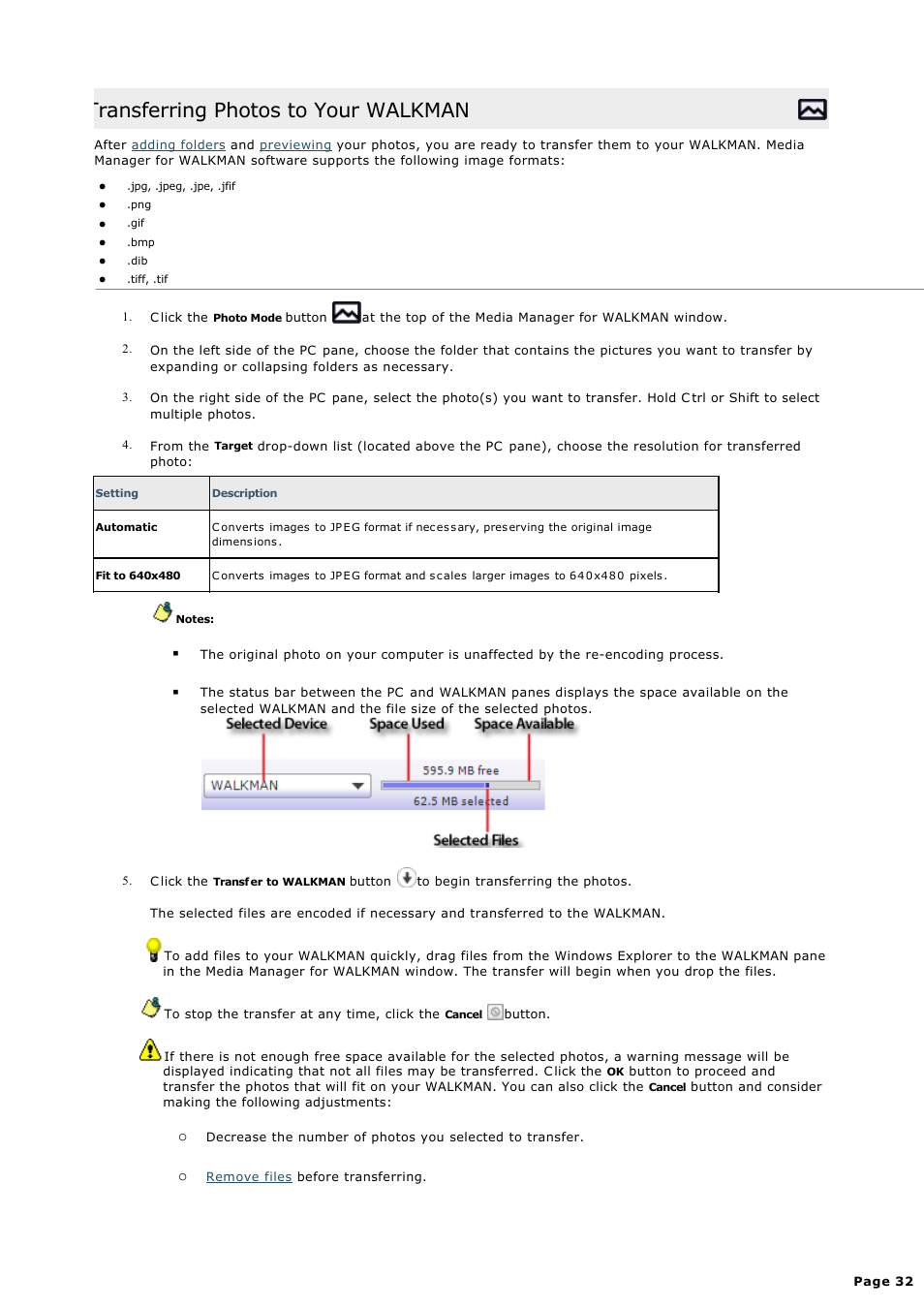 Transferring photos to your walkman | Sony NWZ-S615FSLV User Manual | Page 32 / 58