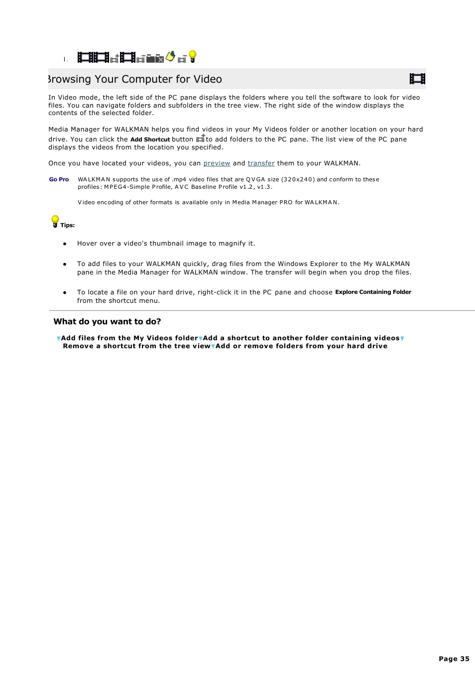 Browsing your computer for video | Sony NWZ-S615FSLV User Manual | Page 35 / 58