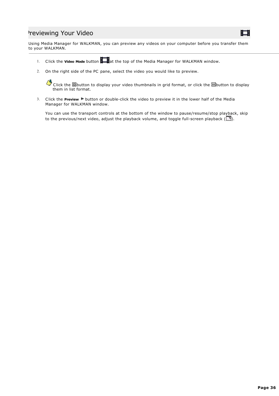 Previewing your video | Sony NWZ-S615FSLV User Manual | Page 36 / 58