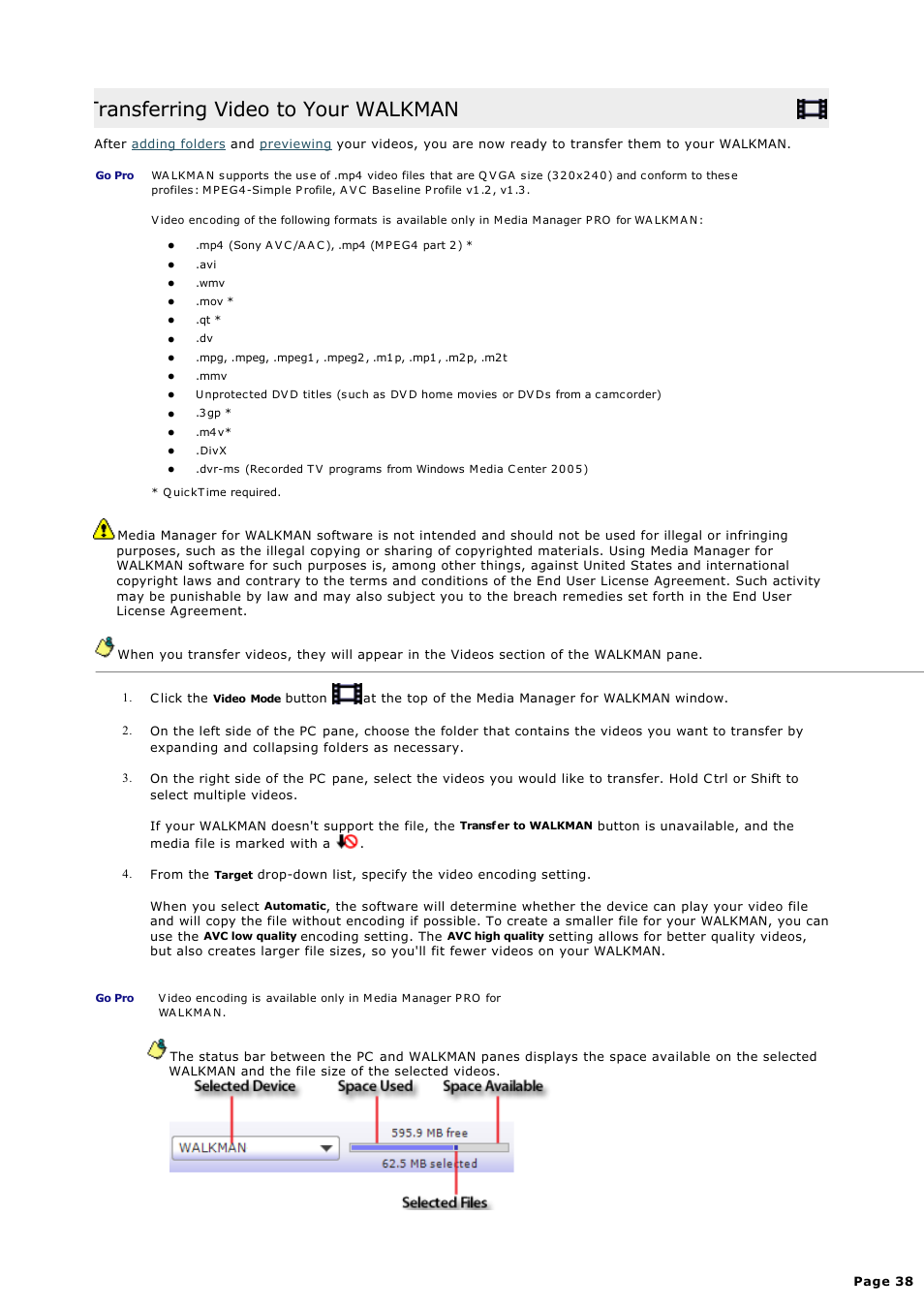 Transferring video to your walkman | Sony NWZ-S615FSLV User Manual | Page 38 / 58