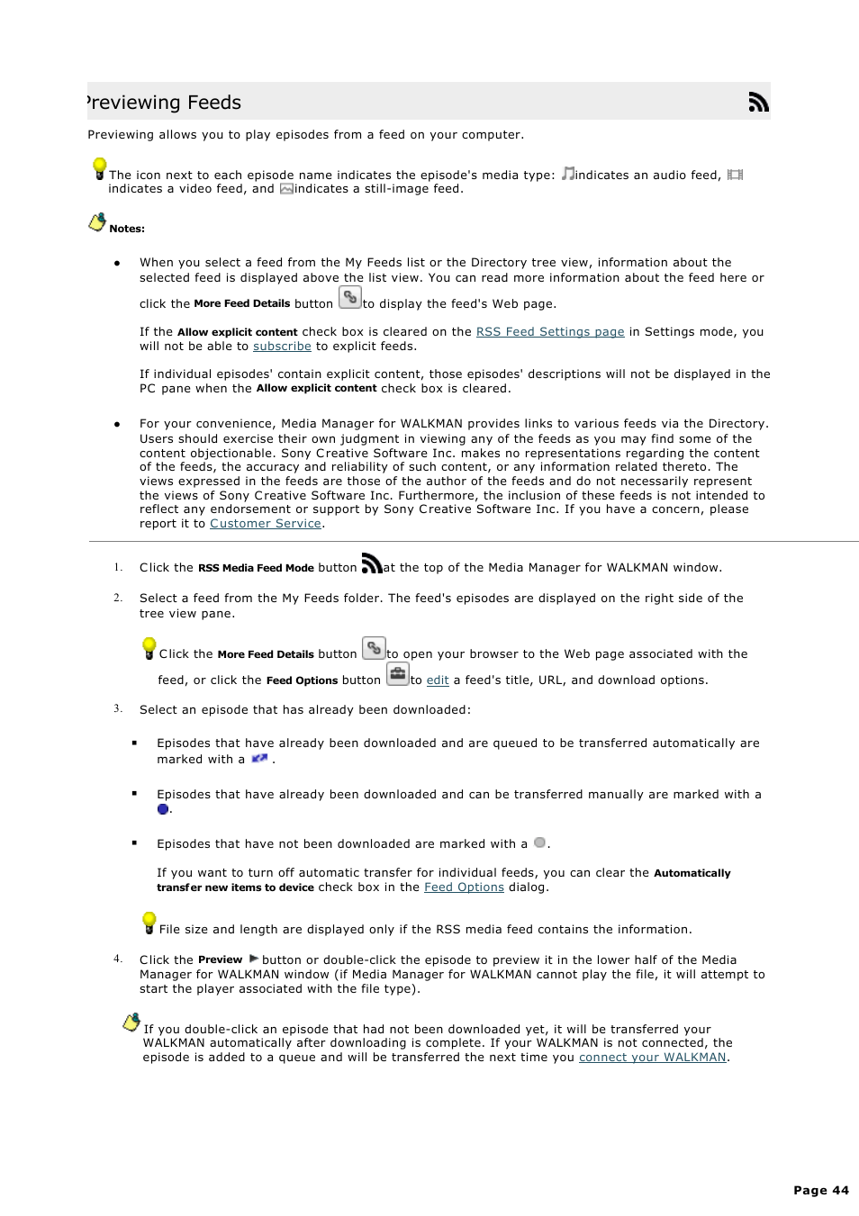 Previewing rss media feeds, Previewing feeds | Sony NWZ-S615FSLV User Manual | Page 44 / 58