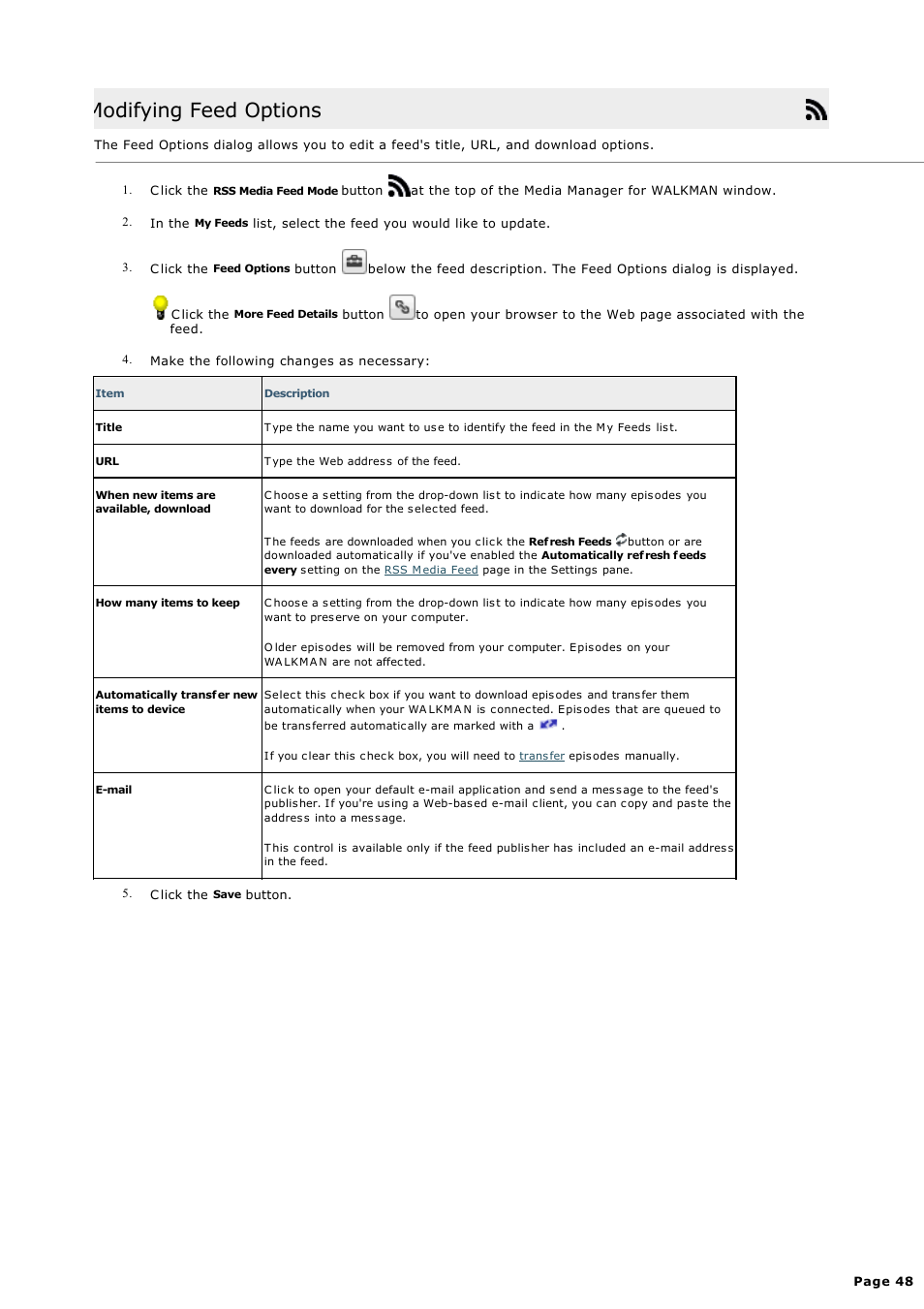 Modifying feed options | Sony NWZ-S615FSLV User Manual | Page 48 / 58