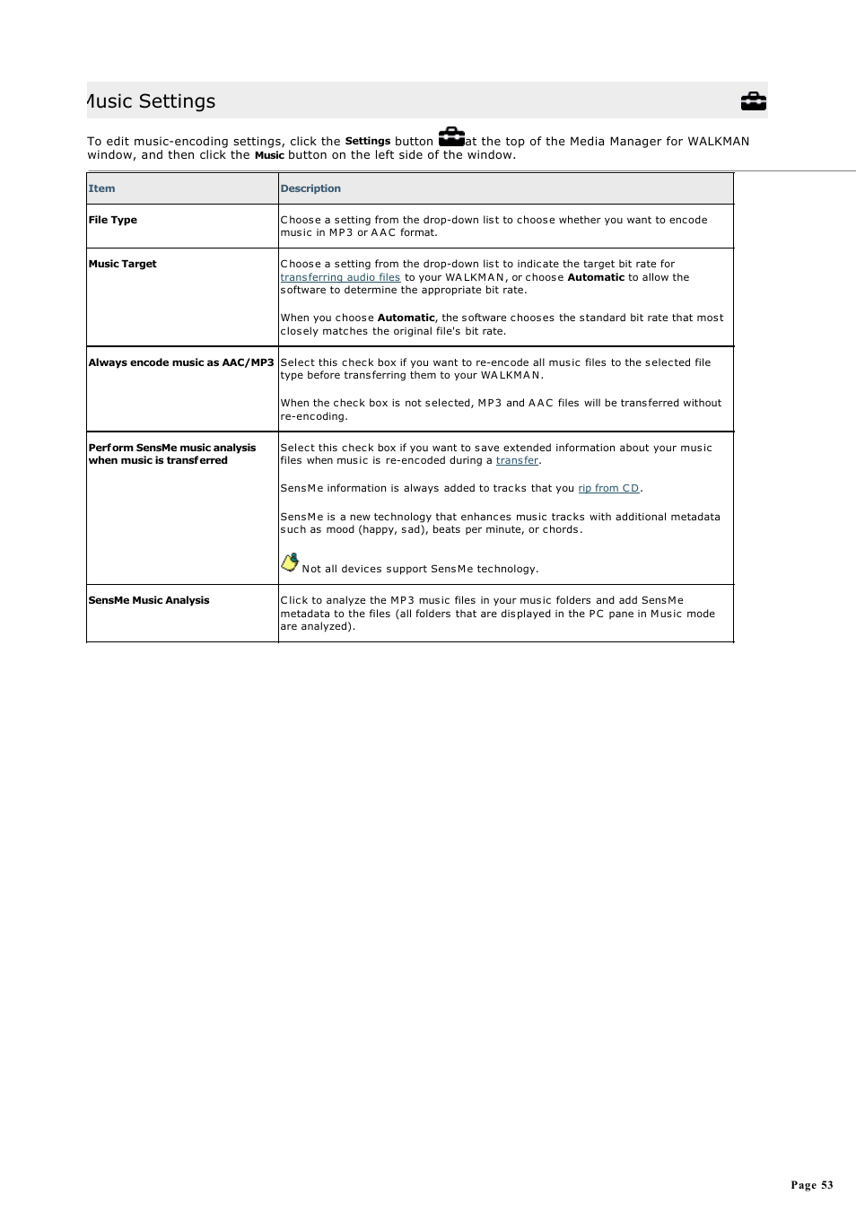 Music settings | Sony NWZ-S615FSLV User Manual | Page 53 / 58