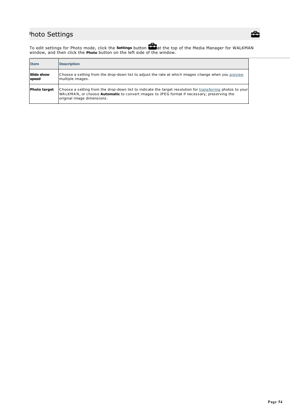 Photo settings | Sony NWZ-S615FSLV User Manual | Page 54 / 58