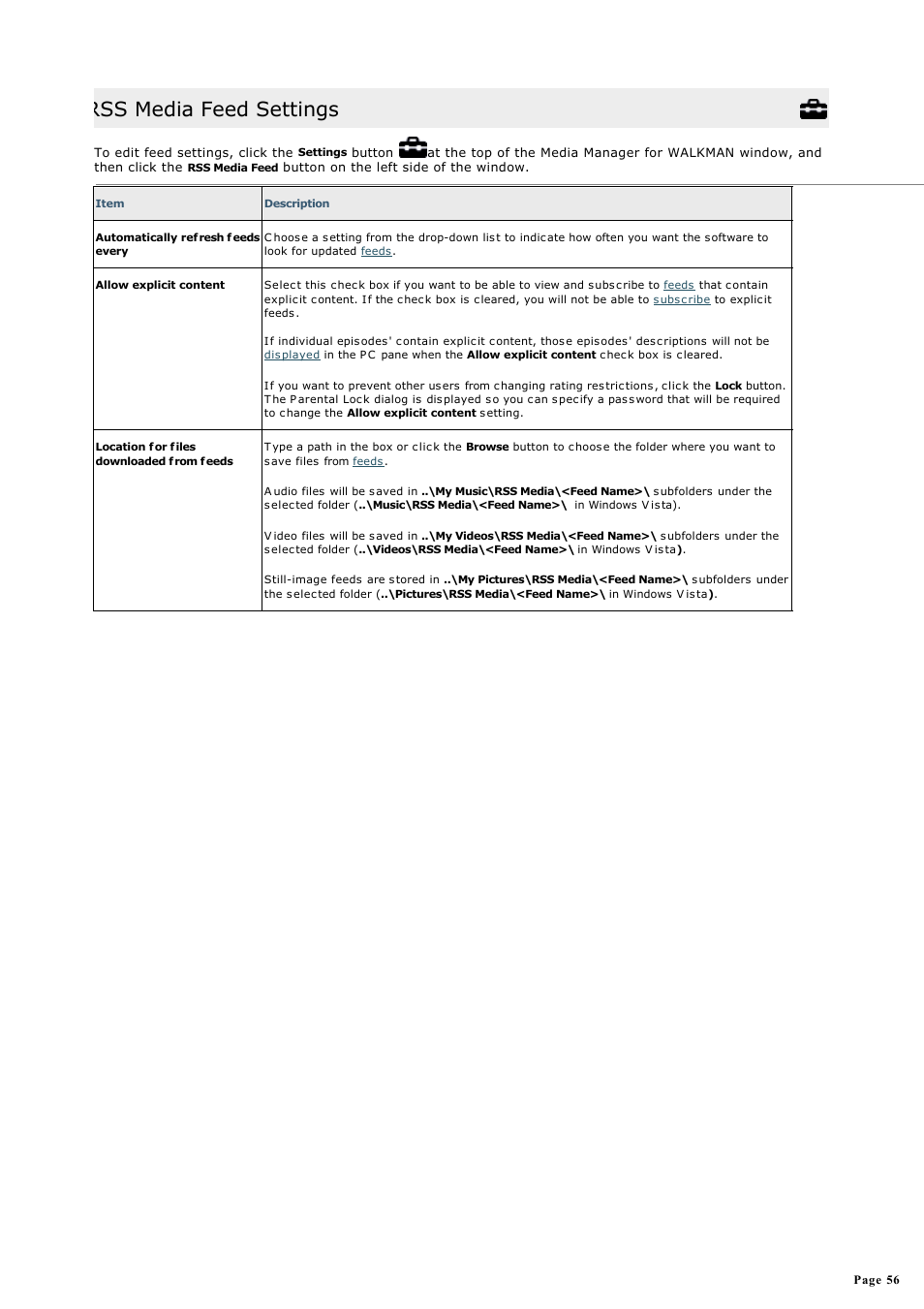 Rss media feed settings | Sony NWZ-S615FSLV User Manual | Page 56 / 58