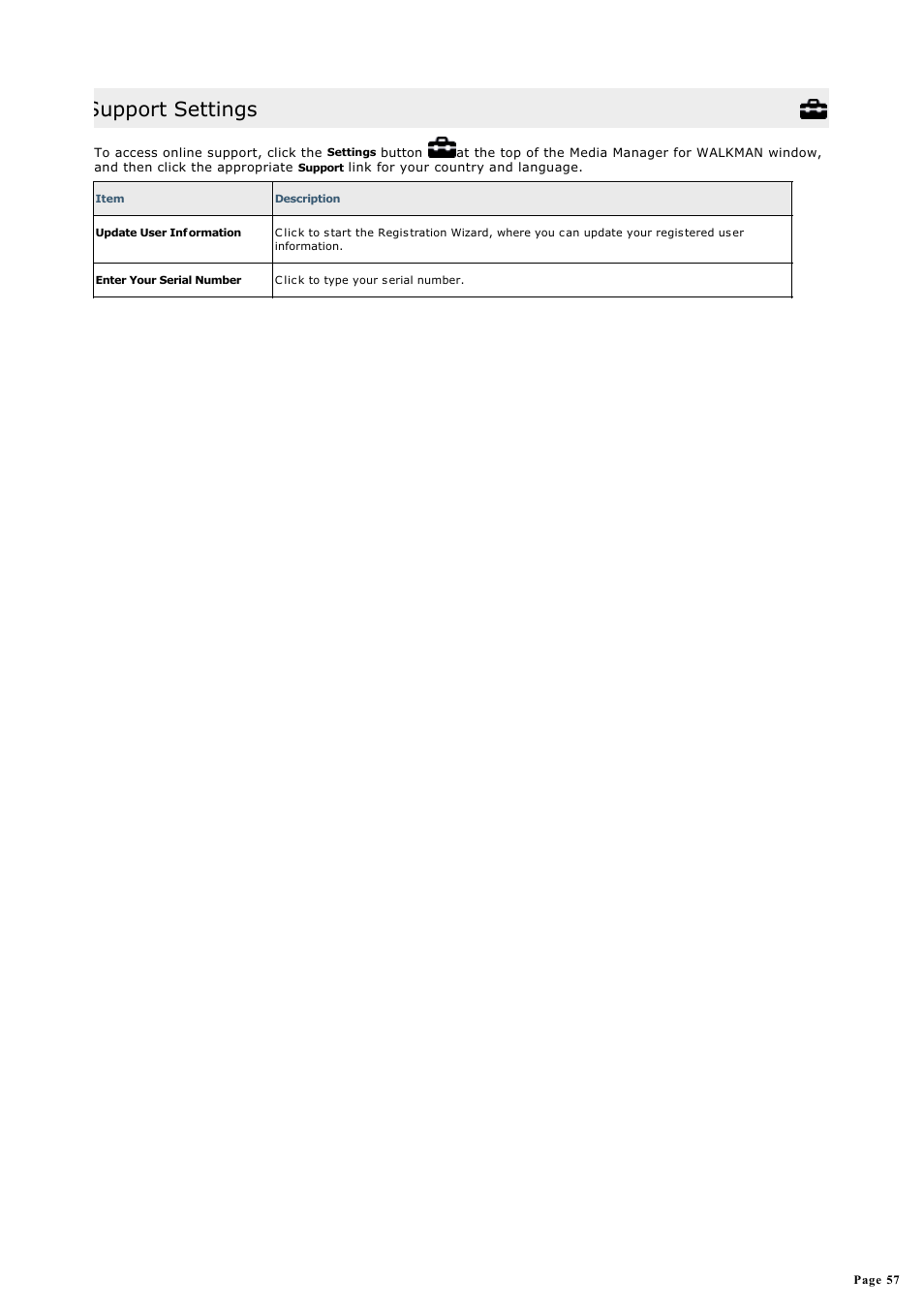 Support, Support settings | Sony NWZ-S615FSLV User Manual | Page 57 / 58