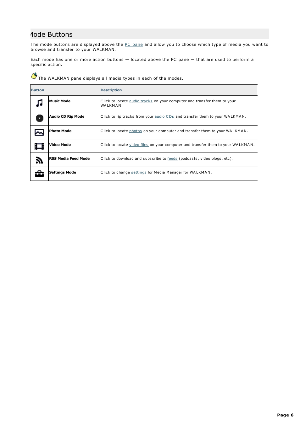 Mode buttons | Sony NWZ-S615FSLV User Manual | Page 6 / 58