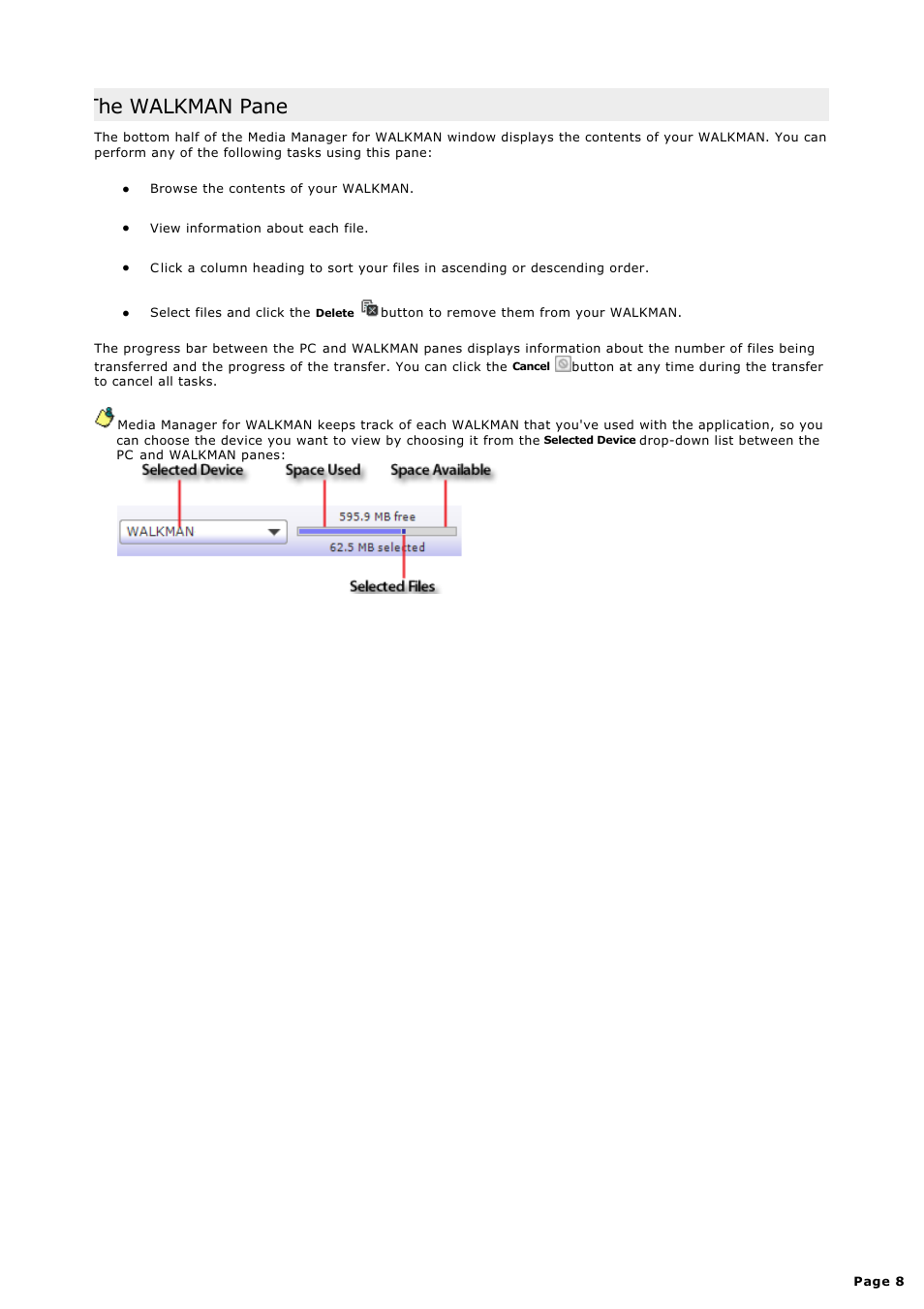 The walkman pane | Sony NWZ-S615FSLV User Manual | Page 8 / 58