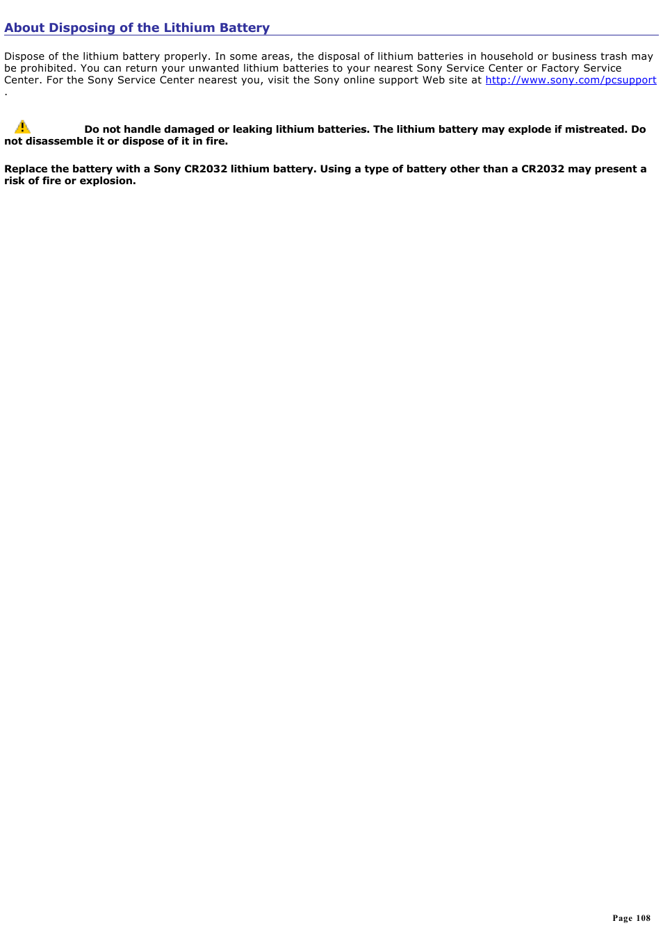 About disposing of the lithium battery | Sony VGC-RB39CP User Manual | Page 108 / 116