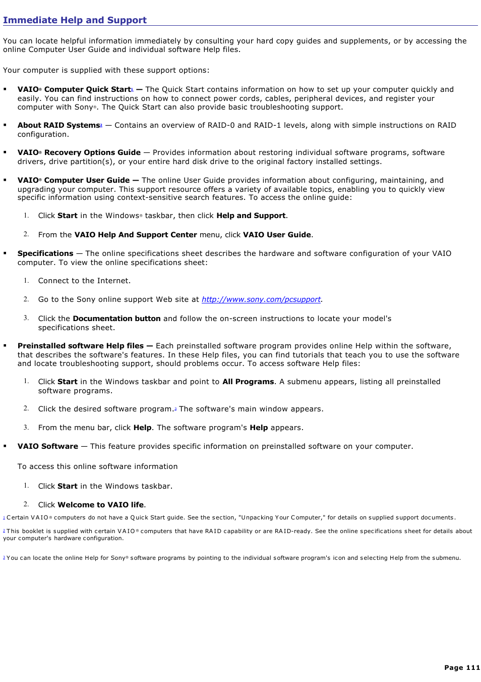 Immediate help and support | Sony VGC-RB39CP User Manual | Page 111 / 116