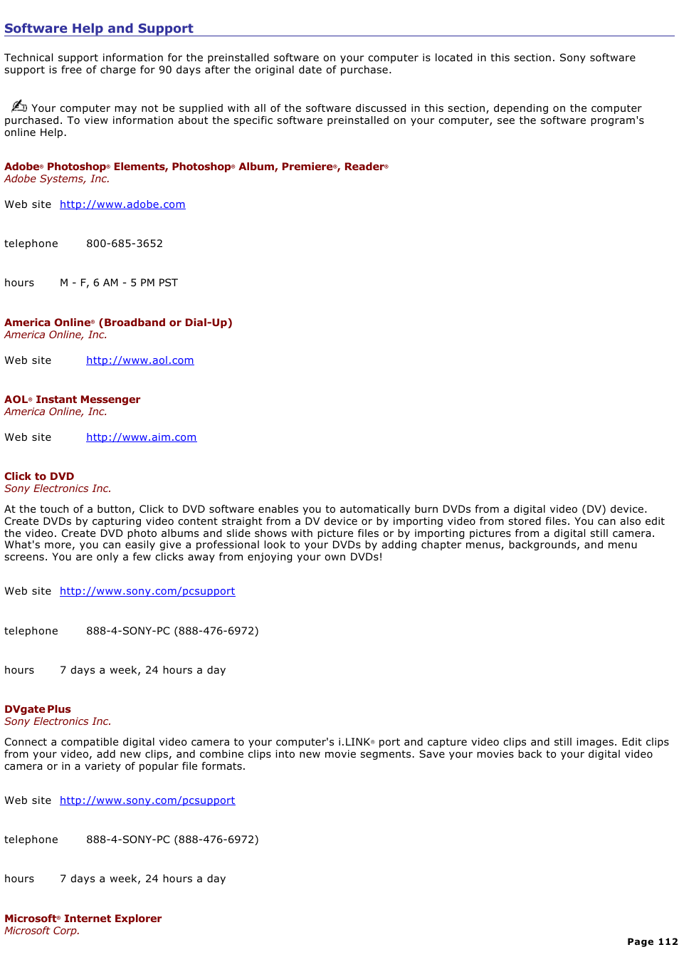 Software help and support | Sony VGC-RB39CP User Manual | Page 112 / 116