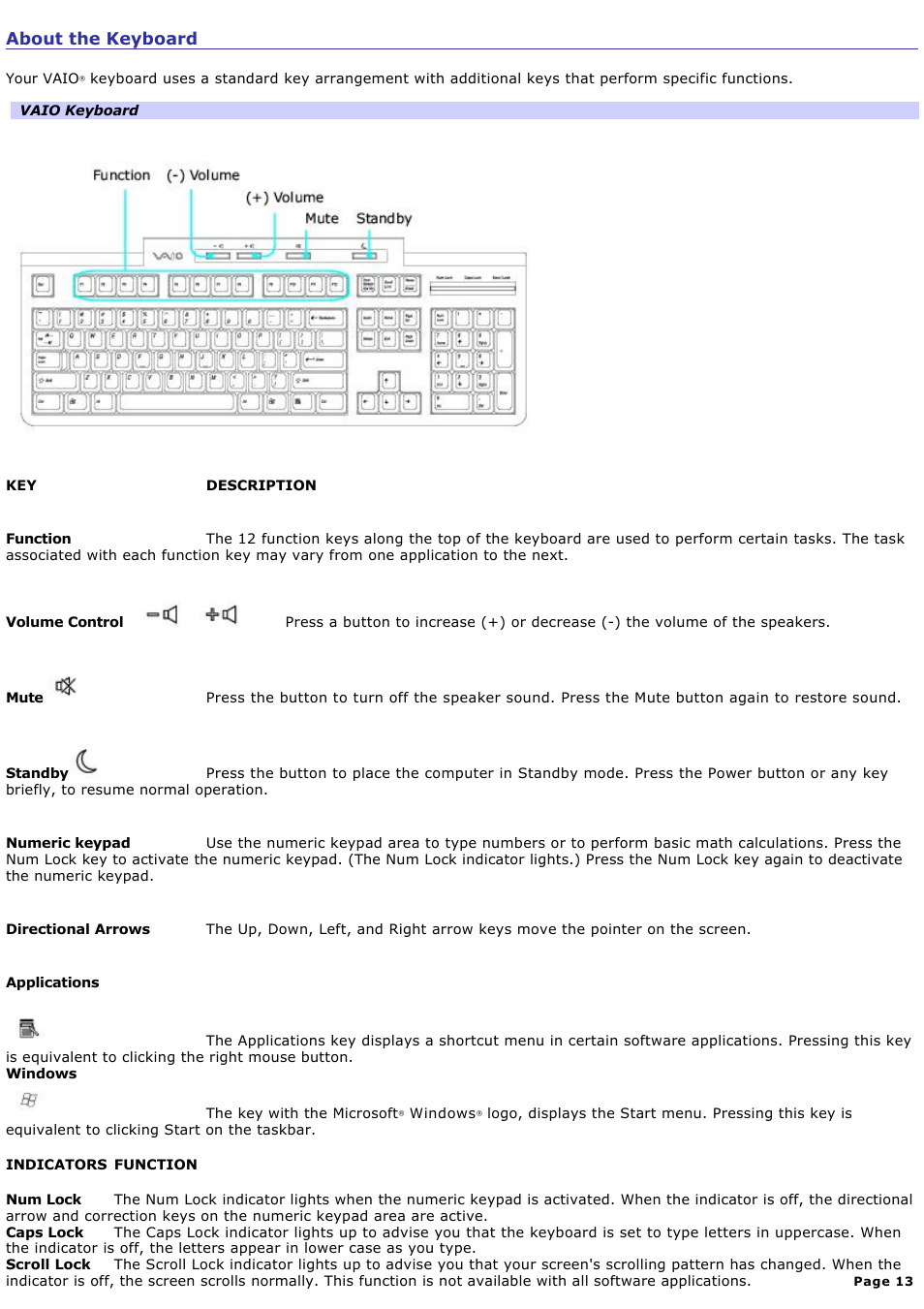 About the keyboard | Sony VGC-RB39CP User Manual | Page 13 / 116