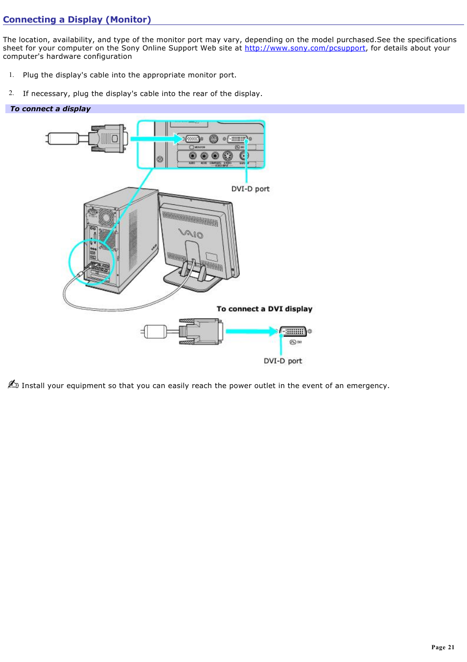 Connecting a display (monitor) | Sony VGC-RB39CP User Manual | Page 21 / 116