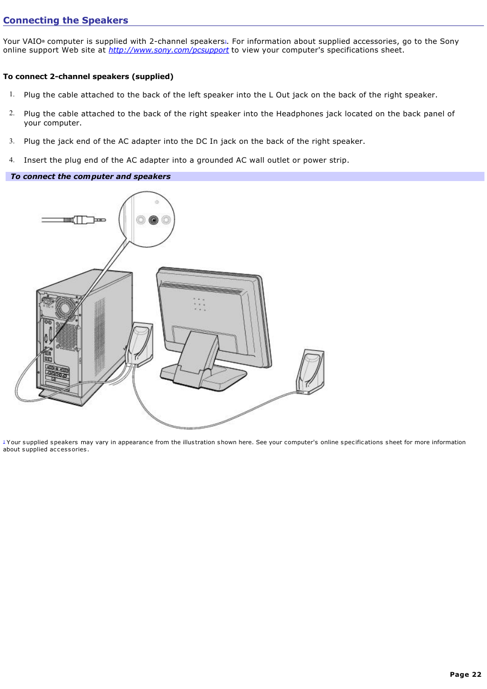 Connecting the speakers | Sony VGC-RB39CP User Manual | Page 22 / 116