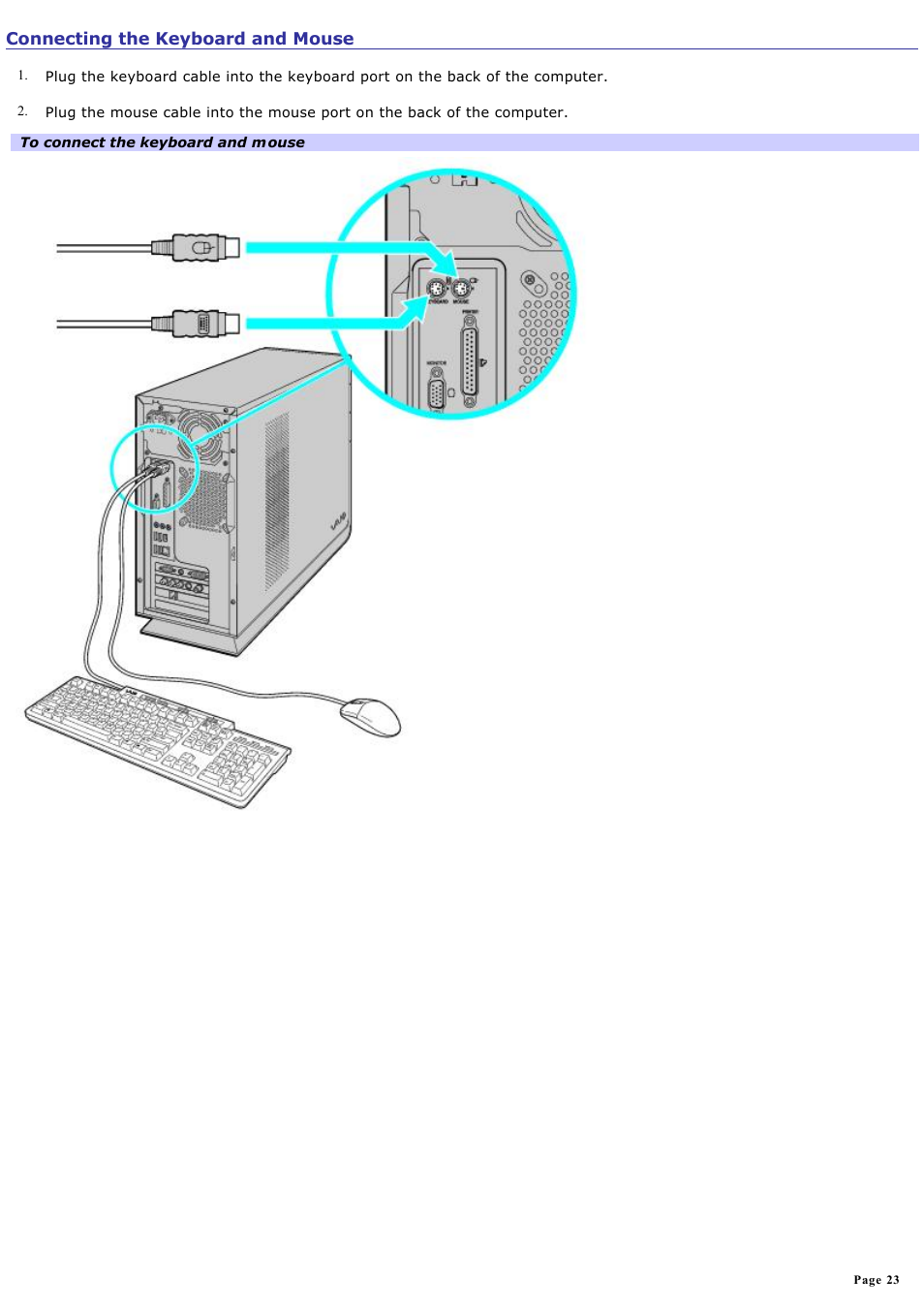 Connecting the keyboard and mouse | Sony VGC-RB39CP User Manual | Page 23 / 116