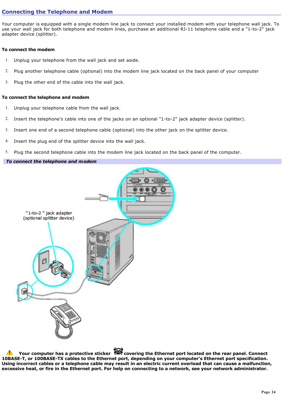 Connecting the telephone and modem | Sony VGC-RB39CP User Manual | Page 24 / 116