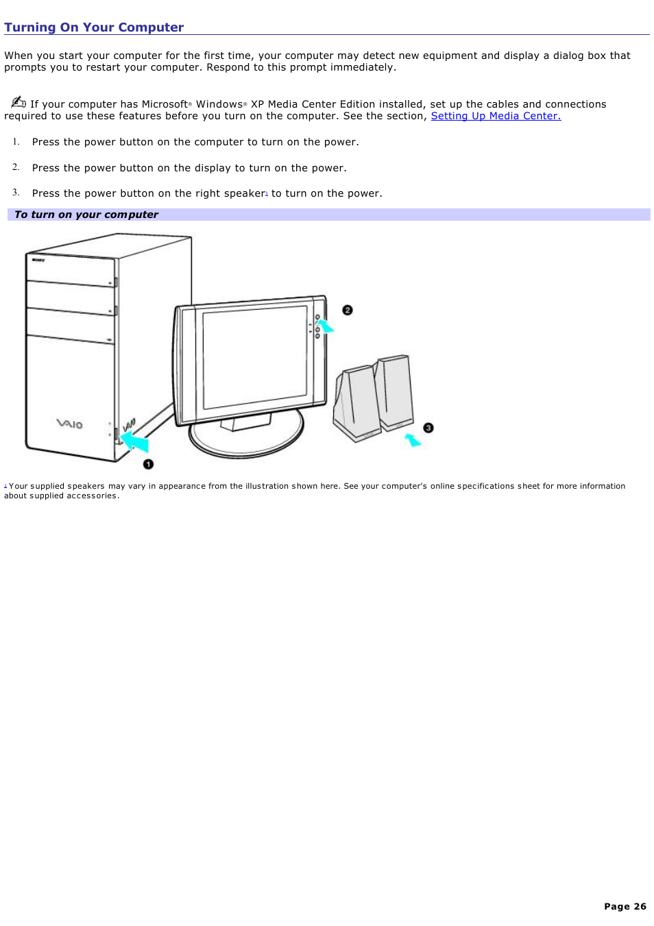 Turning on your computer | Sony VGC-RB39CP User Manual | Page 26 / 116