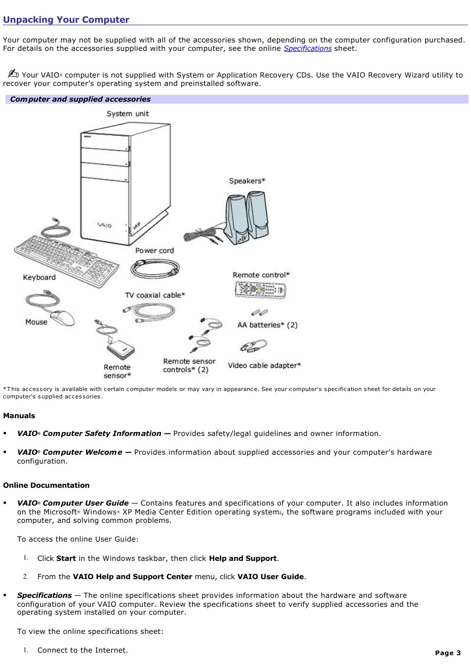 Unpacking your computer | Sony VGC-RB39CP User Manual | Page 3 / 116