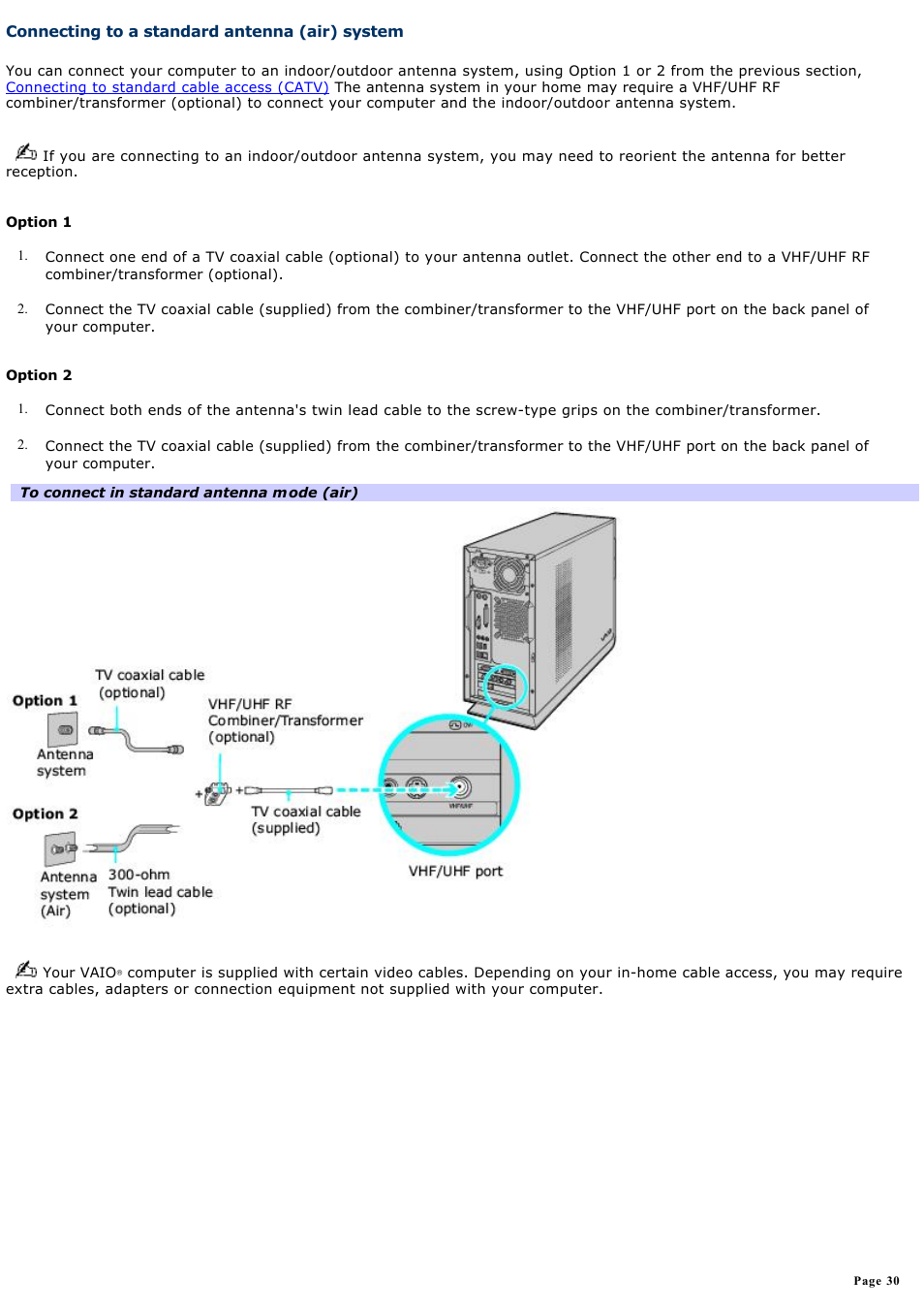 Connecting to a standard antenna (air) system | Sony VGC-RB39CP User Manual | Page 30 / 116