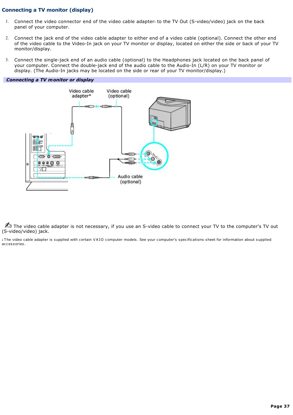 Connecting a tv monitor (display) | Sony VGC-RB39CP User Manual | Page 37 / 116