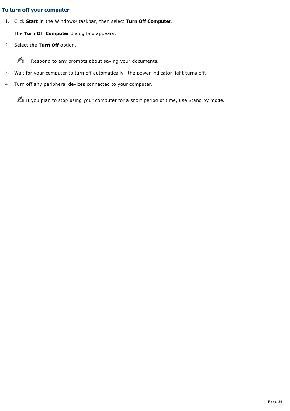 To turn off your computer | Sony VGC-RB39CP User Manual | Page 39 / 116