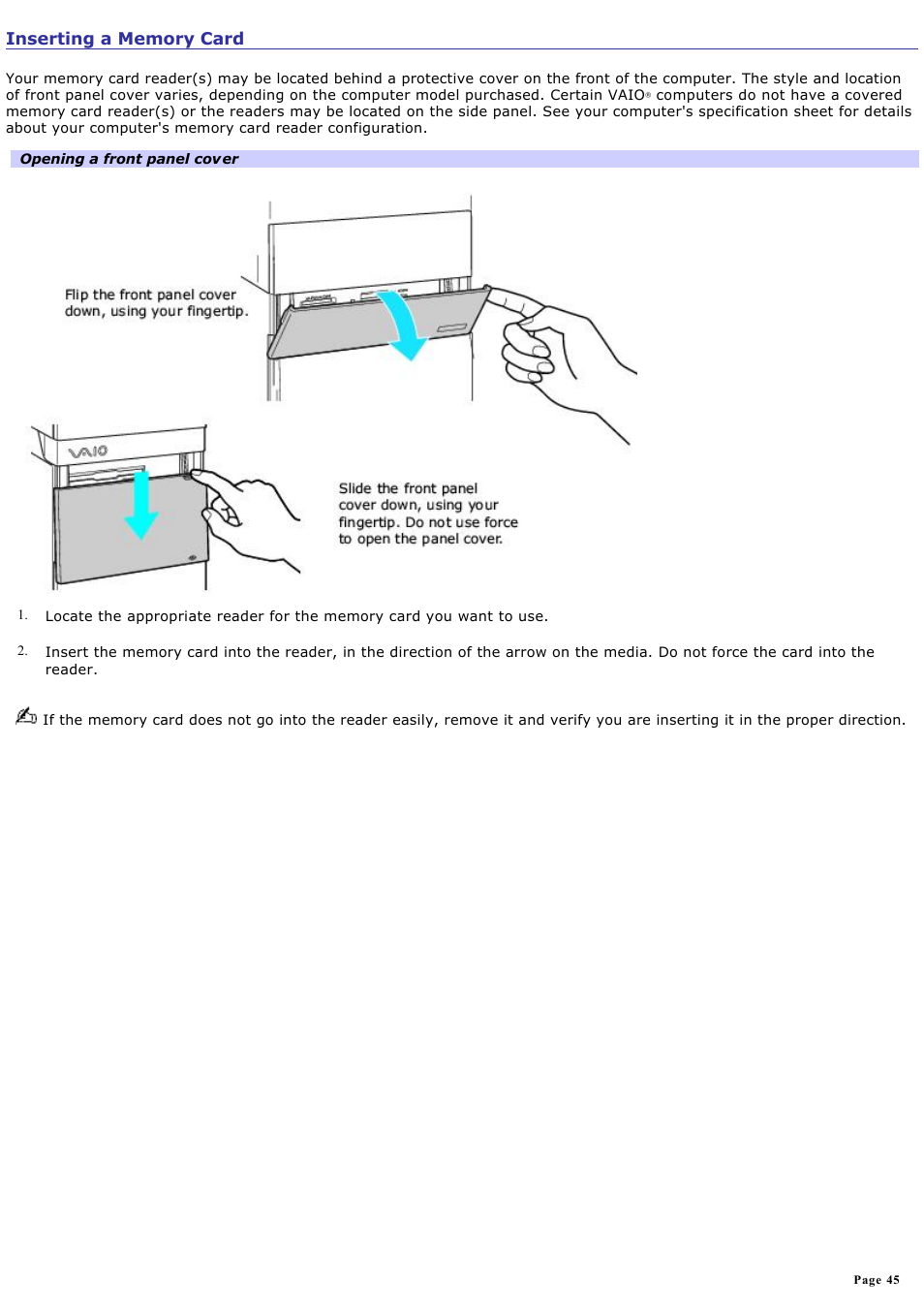 Inserting a memory card | Sony VGC-RB39CP User Manual | Page 45 / 116