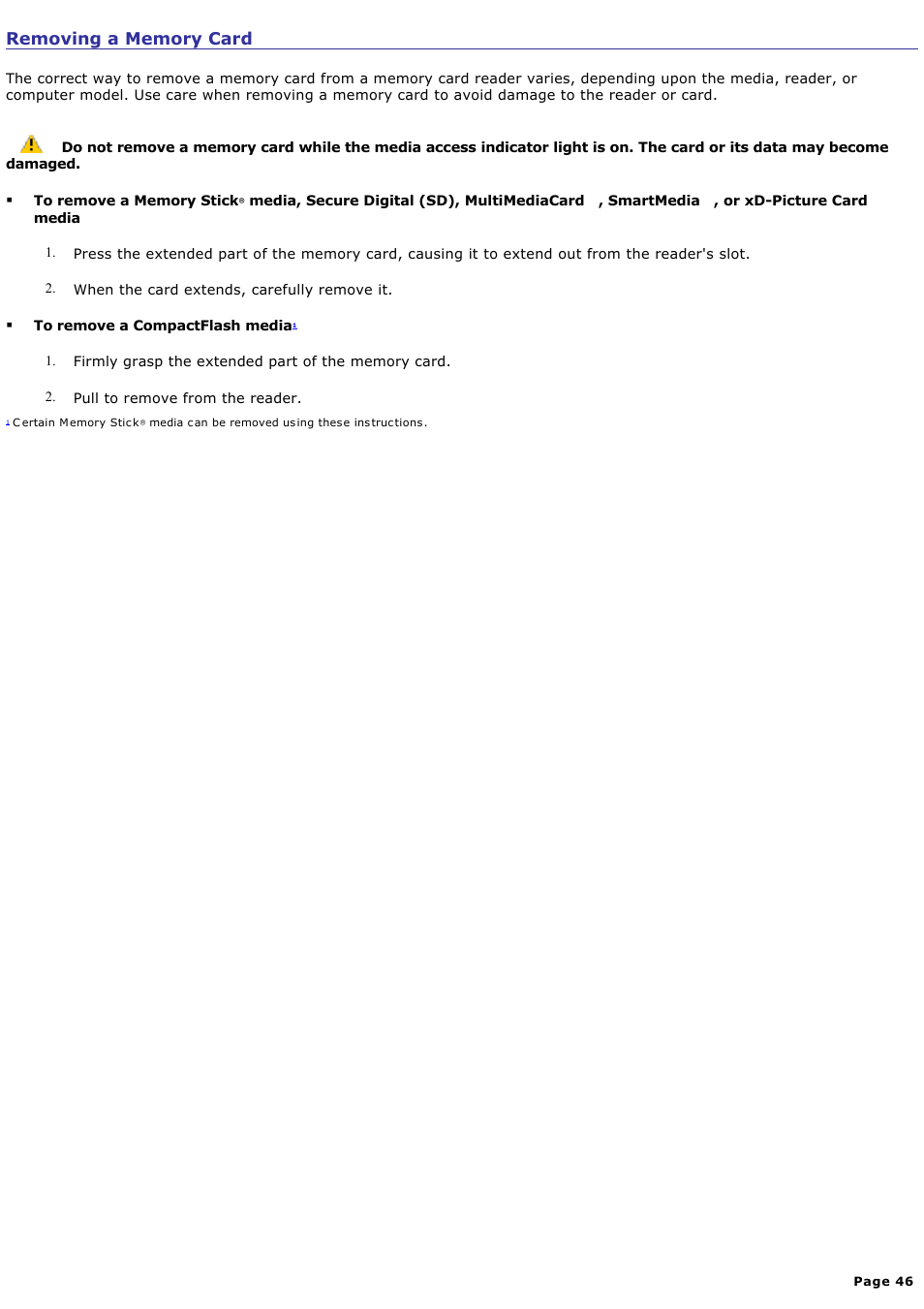 Removing a memory card | Sony VGC-RB39CP User Manual | Page 46 / 116