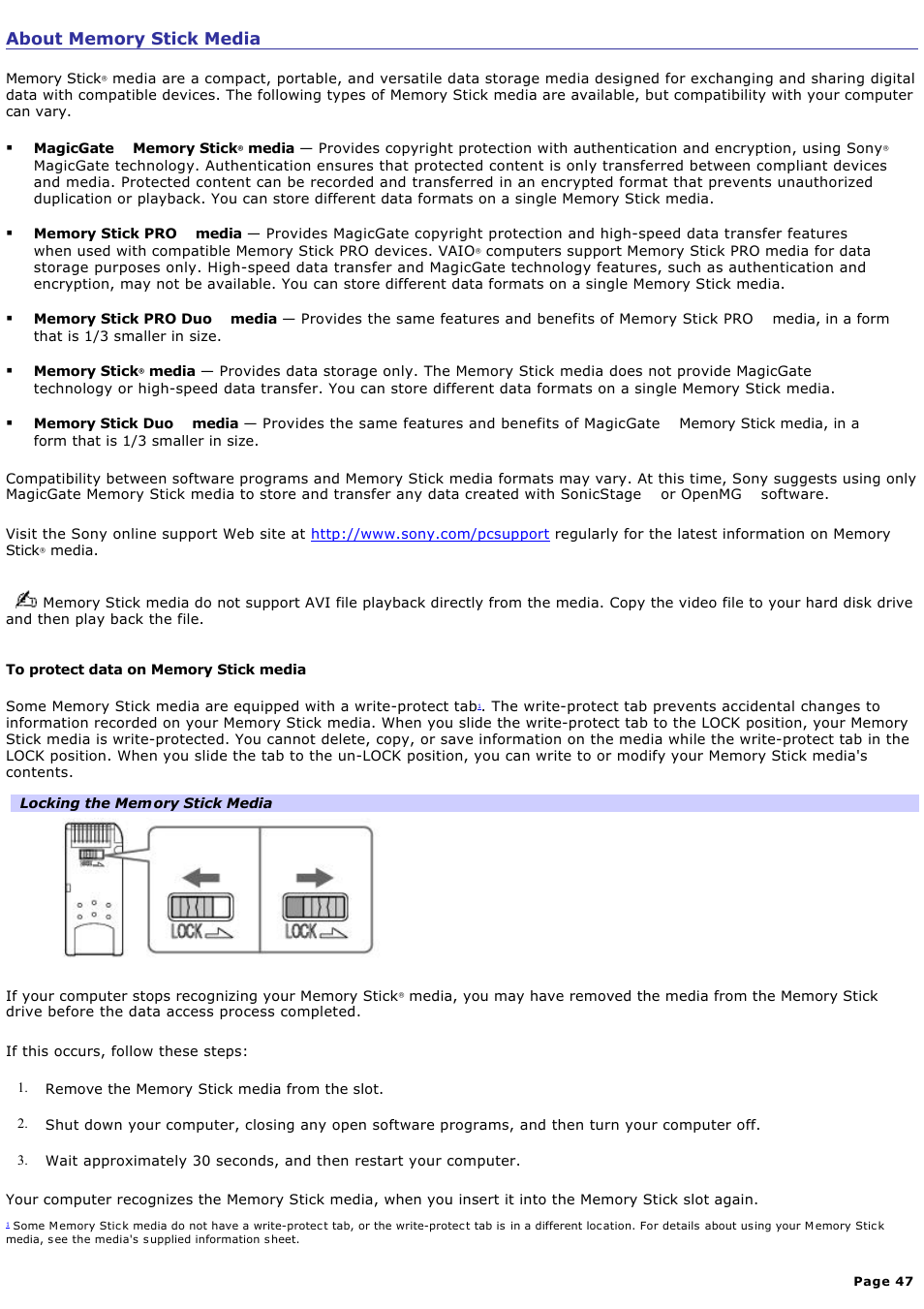 About memory stick media | Sony VGC-RB39CP User Manual | Page 47 / 116