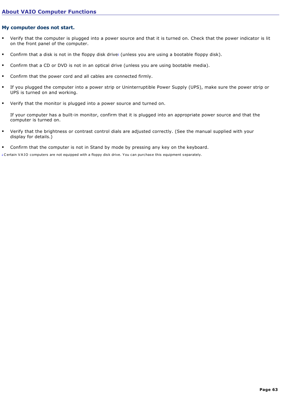 My computer does not start | Sony VGC-RB39CP User Manual | Page 63 / 116