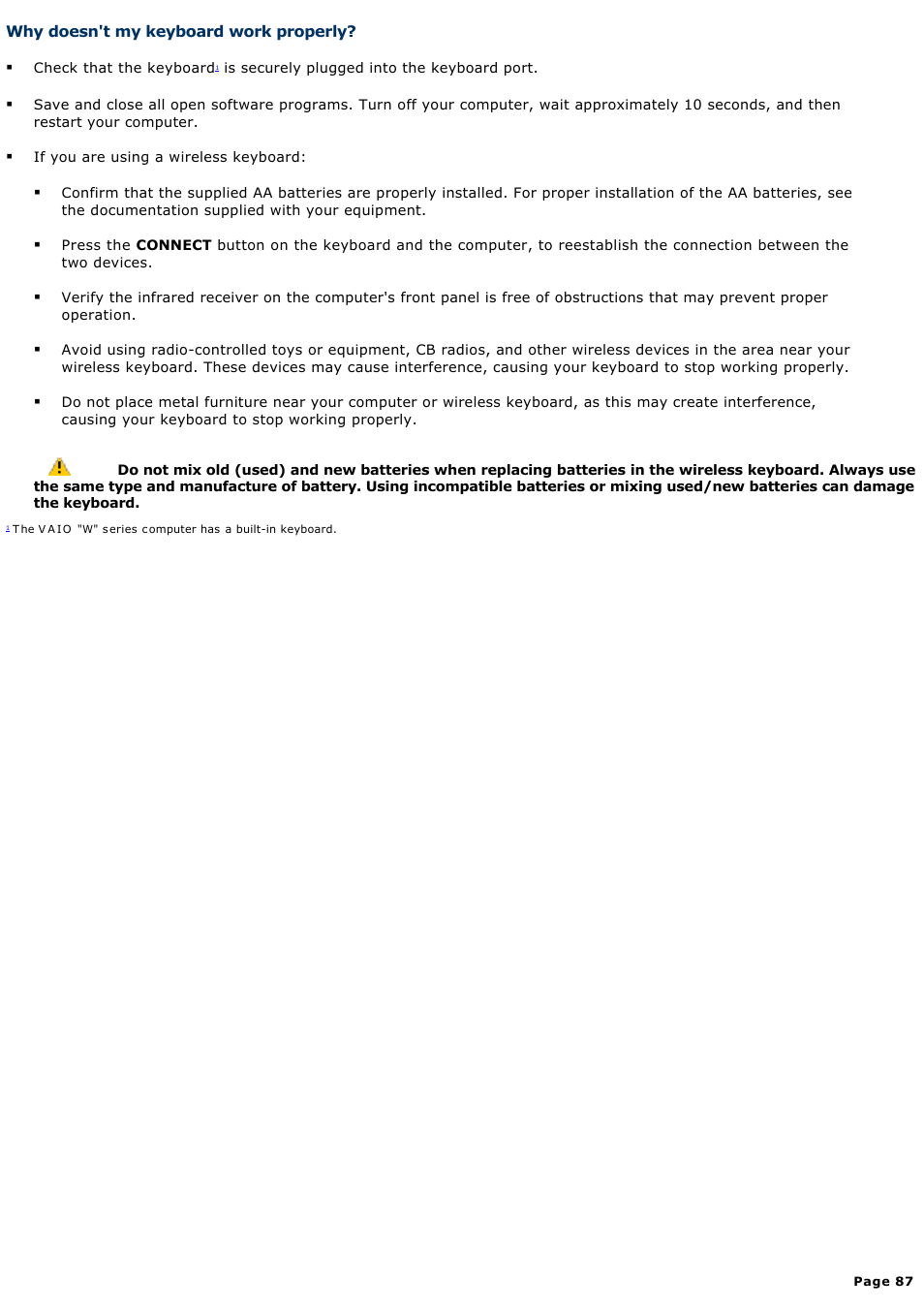 Why doesn't my keyboard work properly | Sony VGC-RB39CP User Manual | Page 87 / 116