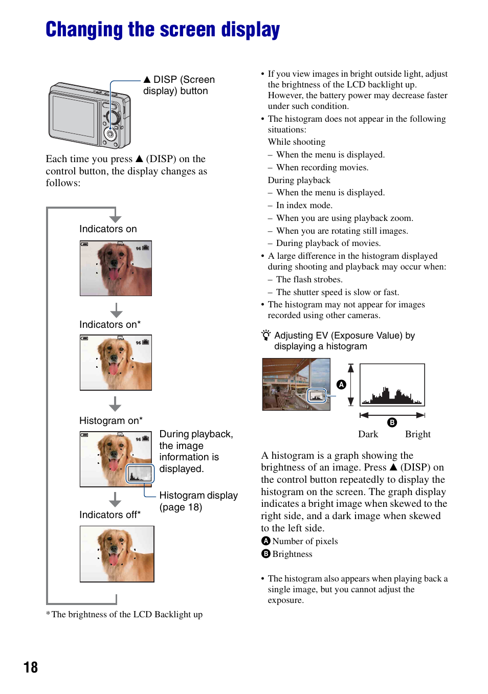 Changing the screen display | Sony DSC-S780 User Manual | Page 18 / 102